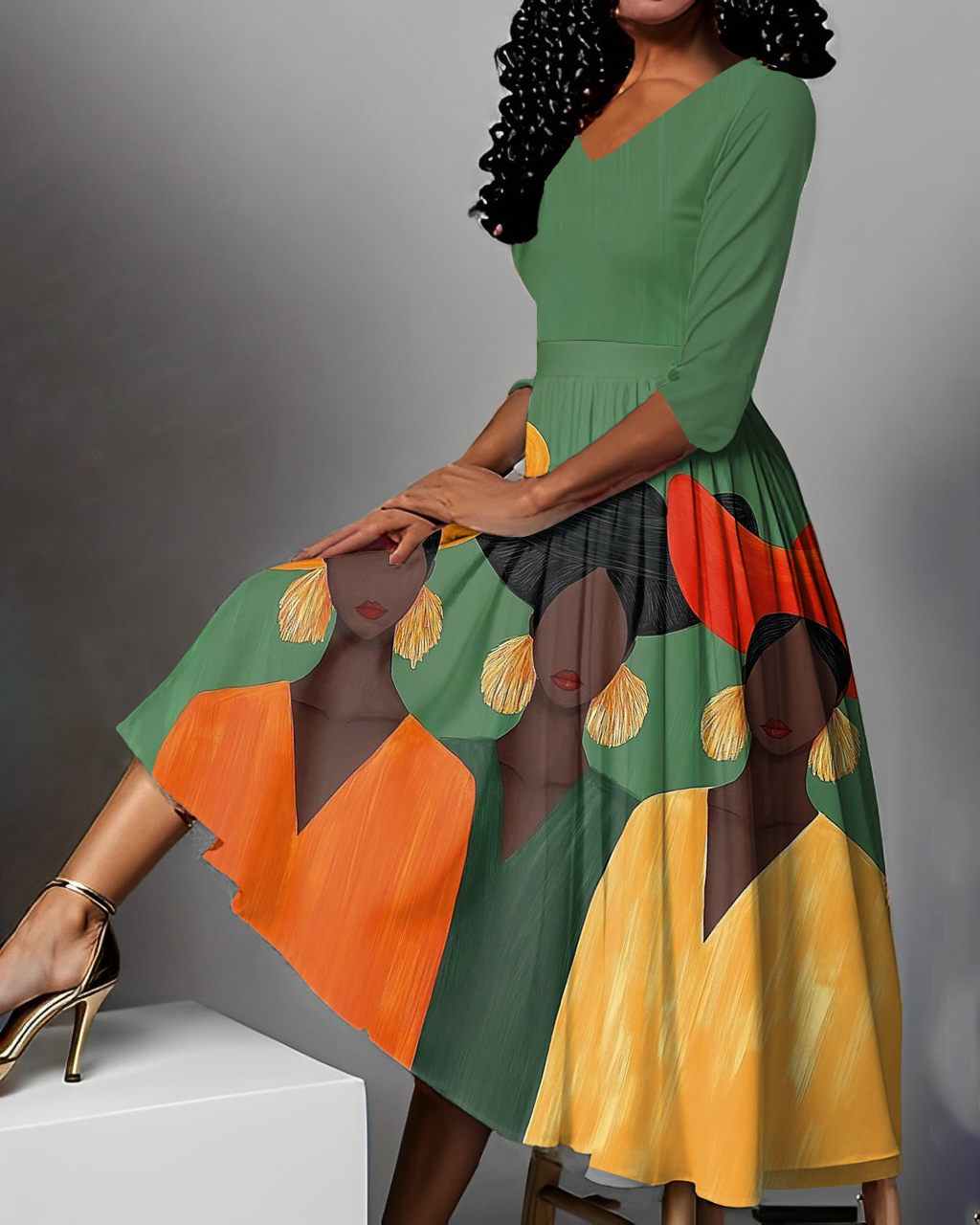 Black Women Art V Neck Maxi Dress