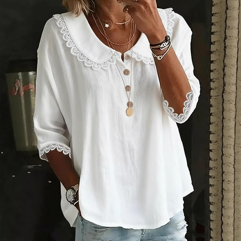 Women's  Retro Collared Lace-trimmed Solid Color Button-up Shirt elevenforest