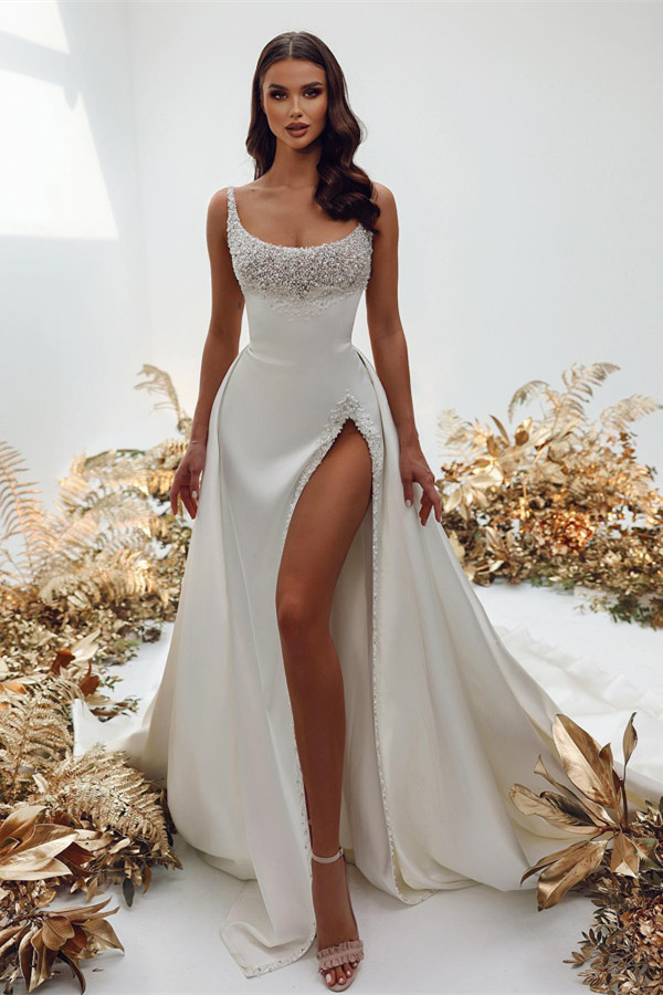 Elegant Sleeveless Mermaid Wedding Dress Split Long With Pearls - lulusllly