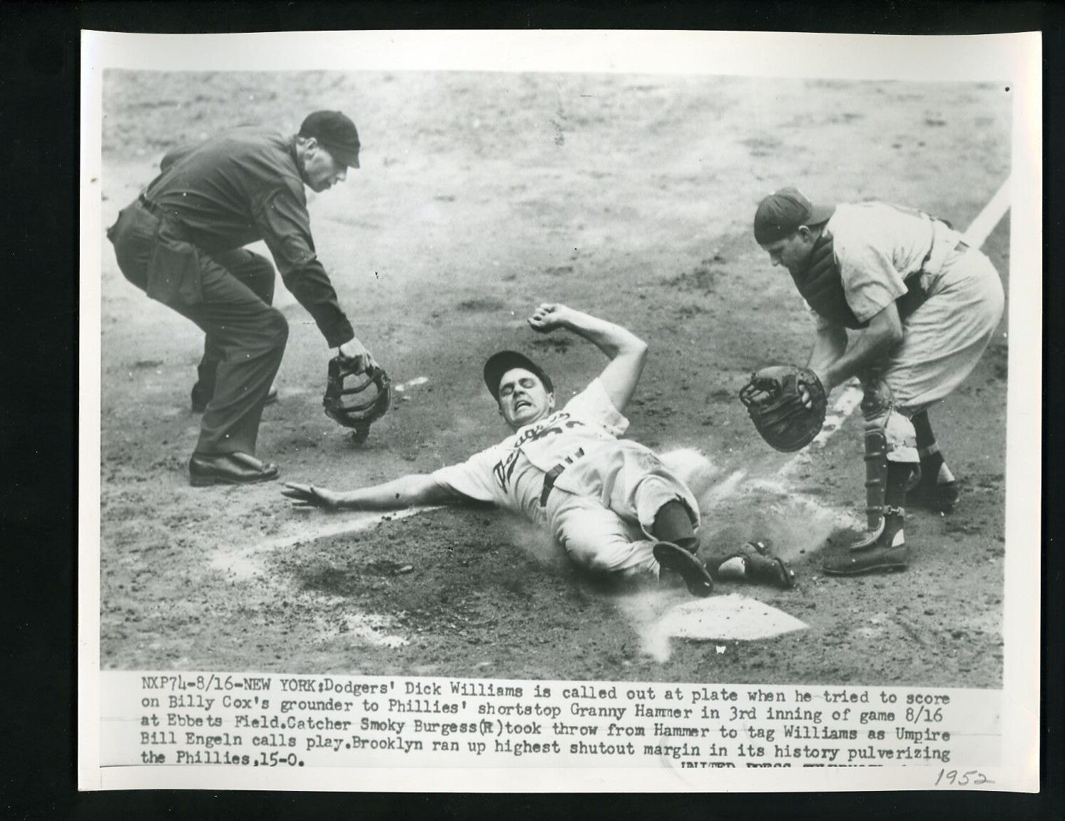 Dick Williams Smoky Burgess Engeln 1952 Press Photo Poster painting Brooklyn Dodgers Phillies