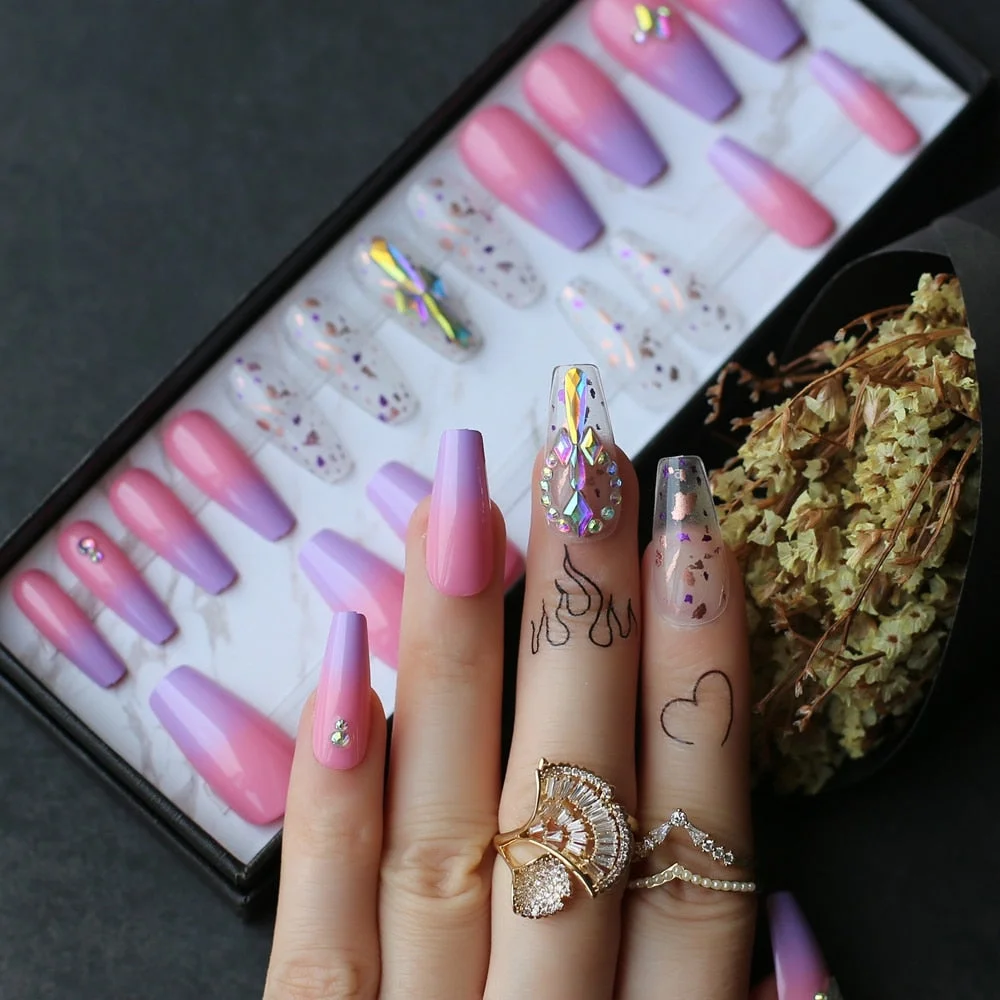 Rainbow nails Gel Coffin False Nails Press On Gift Box Handmade Rhinestone art Ballet Fake nails-Nail Inspo