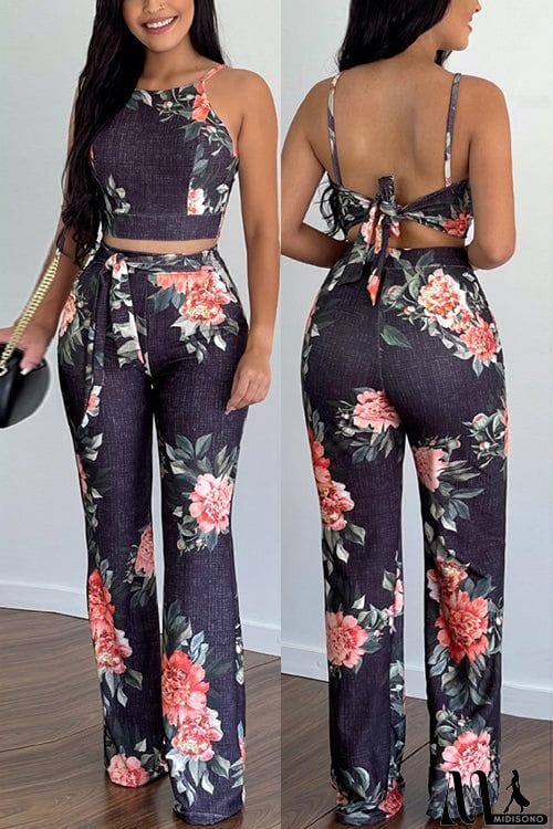 MidiSono - Print Halter Backless Crop Pants Set