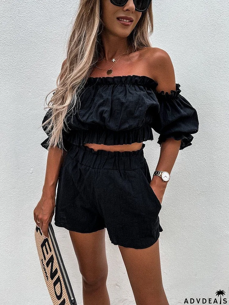 Unique Summer Off Shoulder Linen Shorts Suit