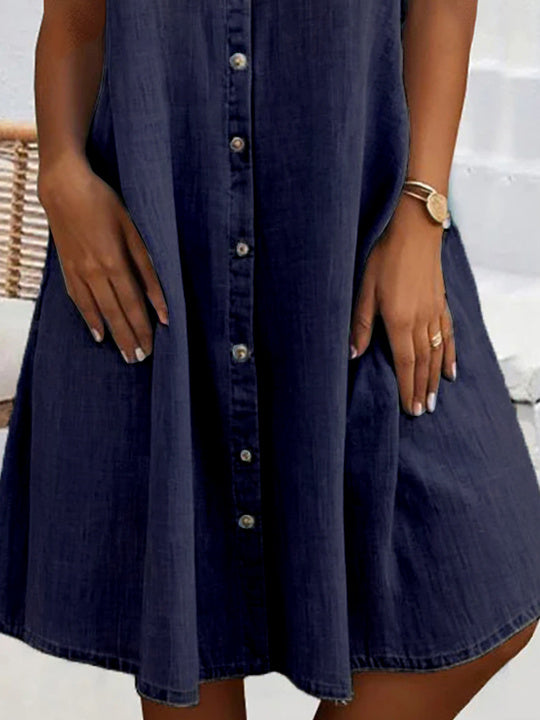 Women Sleeveless Shirt Collar Solid Button Pockets Denim Midi Dress