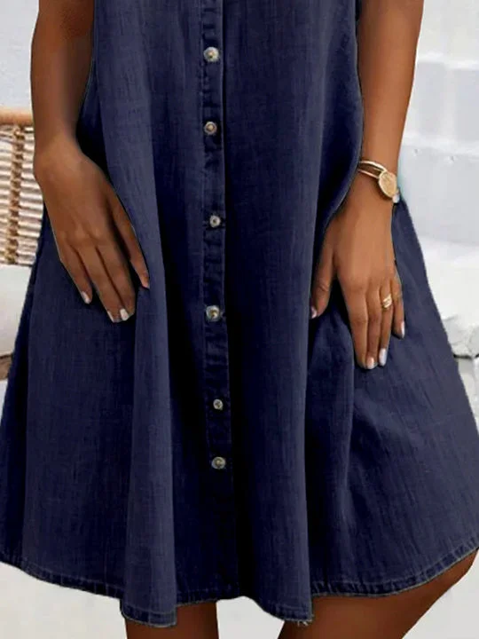 Women Sleeveless Shirt Collar Solid Button Pockets Denim Midi Dress