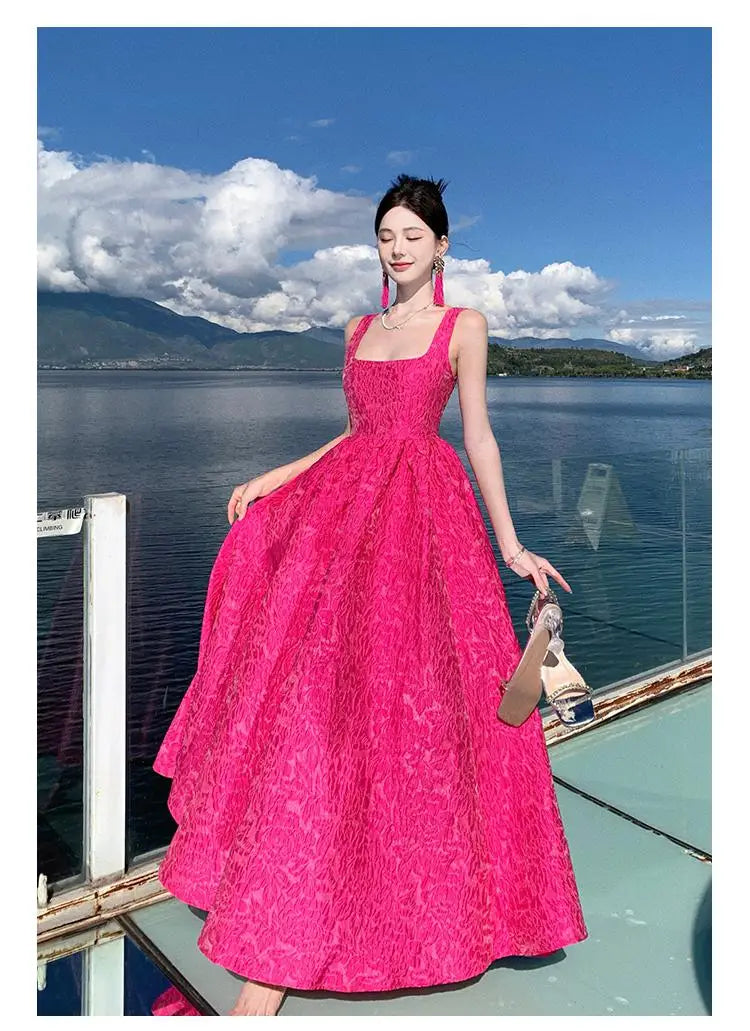 Aiertu Summer New Women French Rose Red Elegant Jacquard Evening Party Dresses Square Neck Backless Princess Birthday Long Dress Simple Aiertu