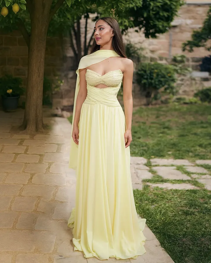 green emerald velvet dress Yellow Chiffon One Shoulder Prom Dresses Pleated Bodice High-Low Tiere –  Viniodress main image 0