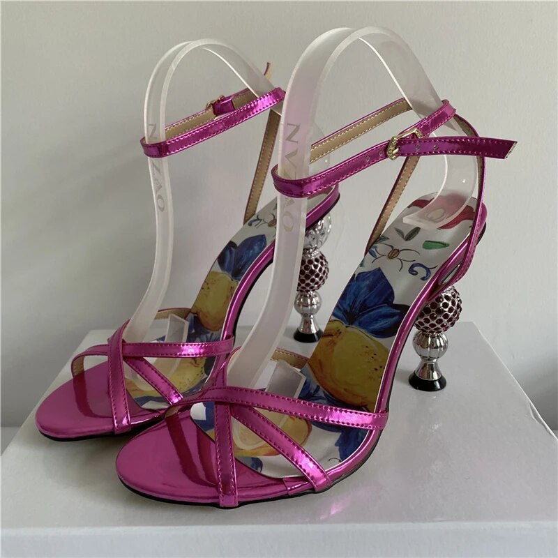 VCSHOES Jeweled Crystal Metal Strange Heel Sandals Women Cross Narrow Band Printed Flower Color Banquet Shoes Woman