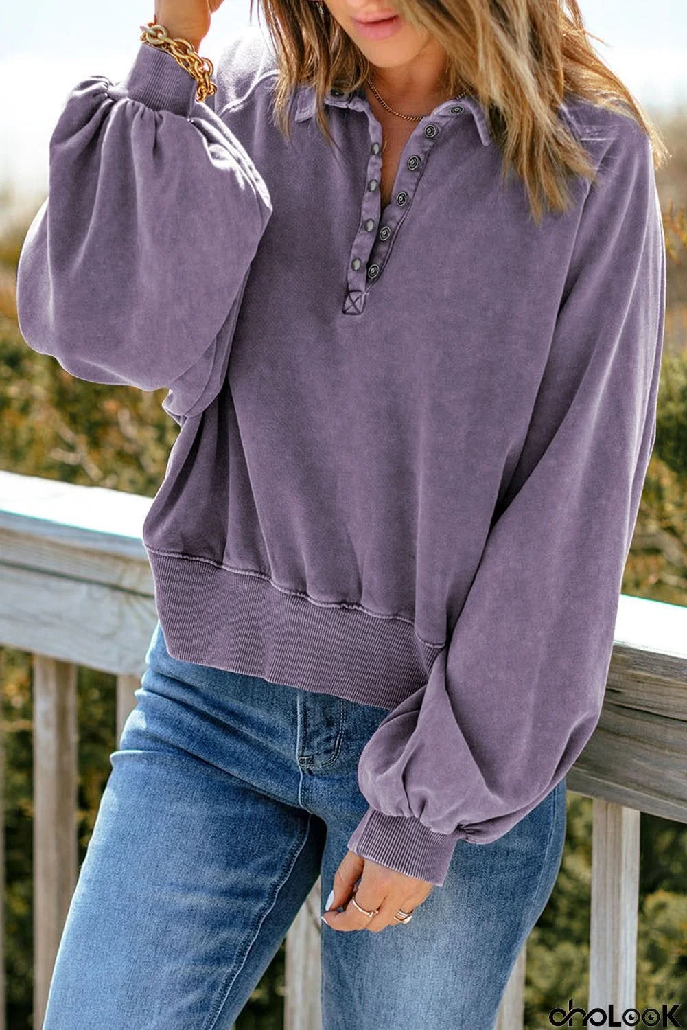 Quarter-Snap Collared Lantern Sleeve Sweatshirt