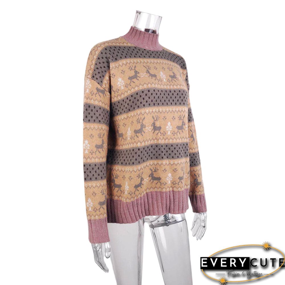 Yellow Christmas Reindeer Print Knit Pullover Sweater