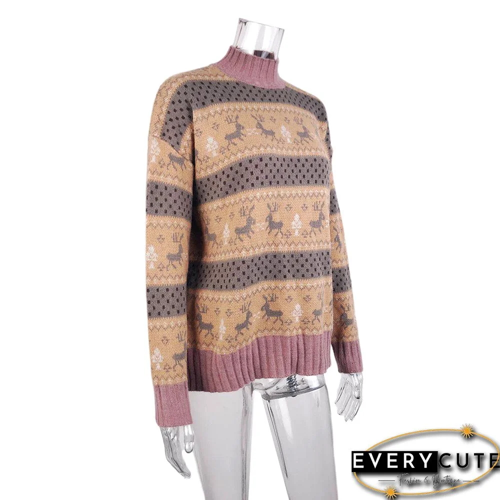 Yellow Christmas Reindeer Print Knit Pullover Sweater