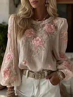 Women's Floral Embroidery Long-sleeved Linen Blend Crew Neck T-shirt