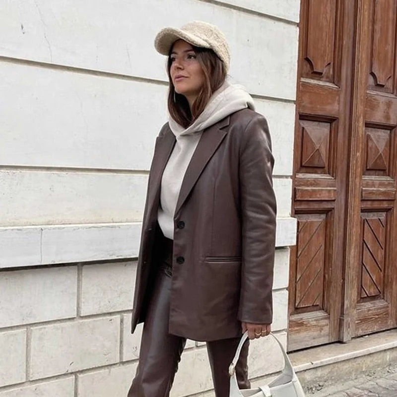 Ardm Casual Za Women 2023 Fashion Faux Leather Blazer Coat Vintage Long Sleeve With Pockets Female Outerwear Chic Veste Femme To