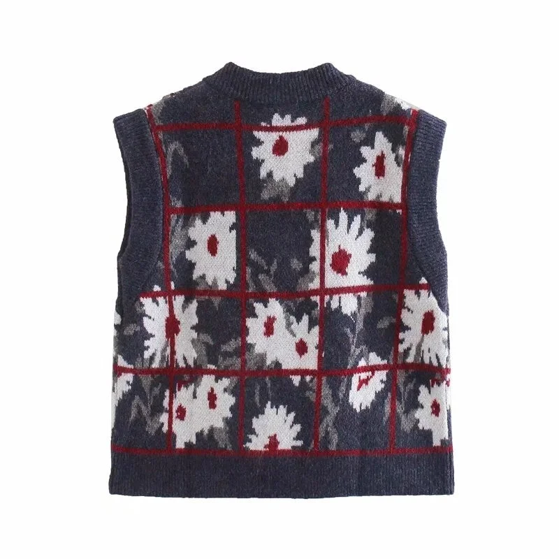 Vintage Chic Floral Print Plaid Sleeveless Sweater Women Fashion V-Neck Vest Tops Female Casual Knitwear