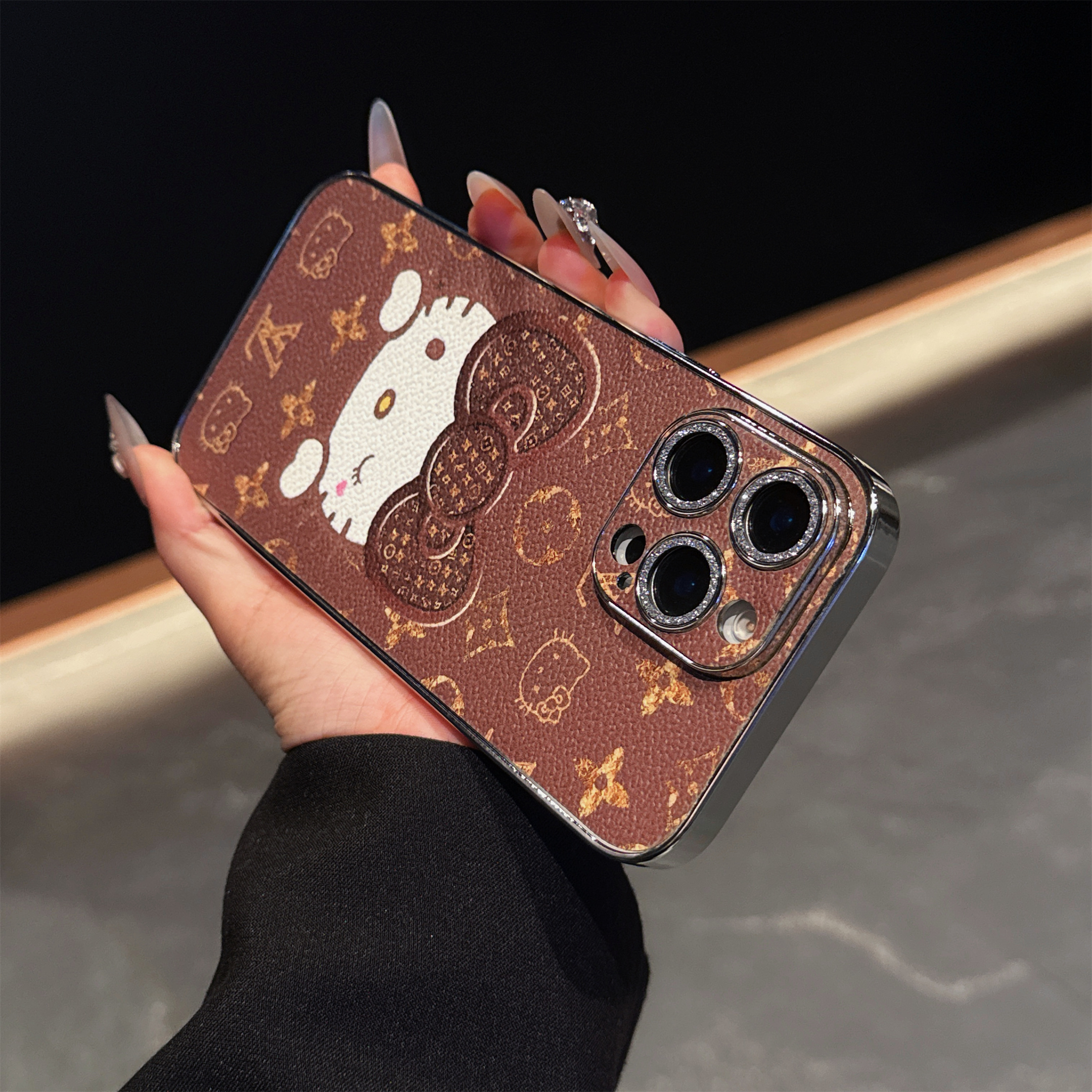 LV Canvas Leather Cute HelloKitty Camera Protective Film Apple iPhone Case