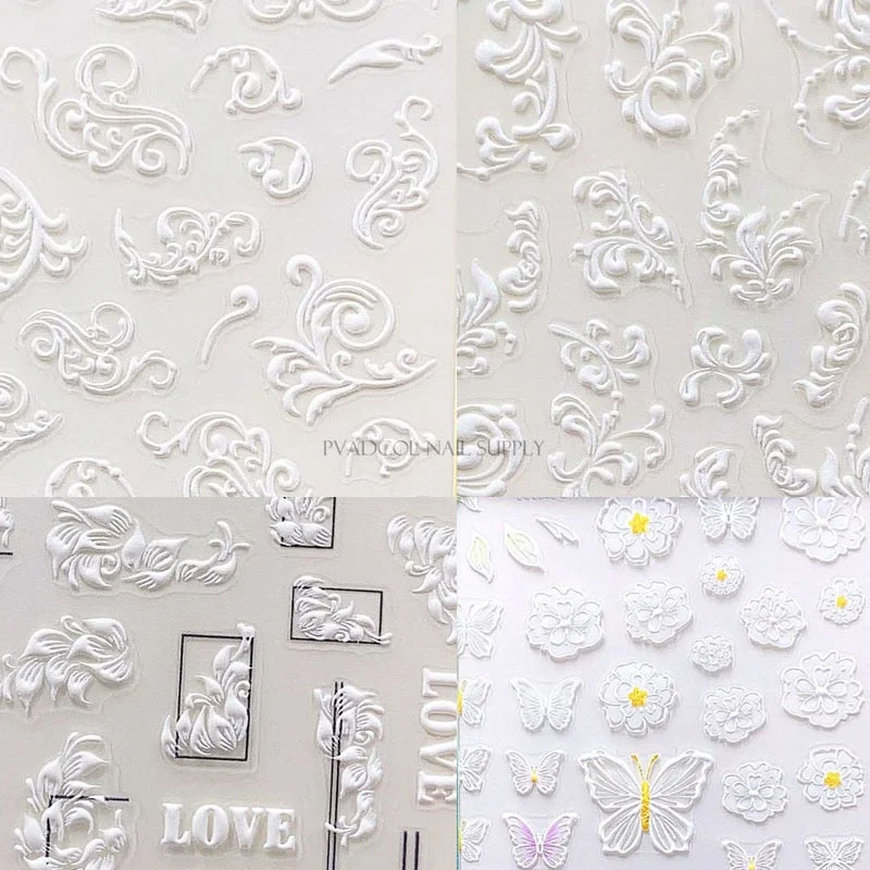 3D Acrylic Engraved Nail Sticker Embossed White Self Adhesive Nail Art Sticker Decals Slider Decoration-Nail Inspo