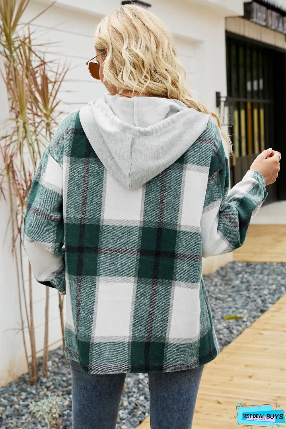 Drawstring Hooded Plaid Shacket Coat With Pocket
