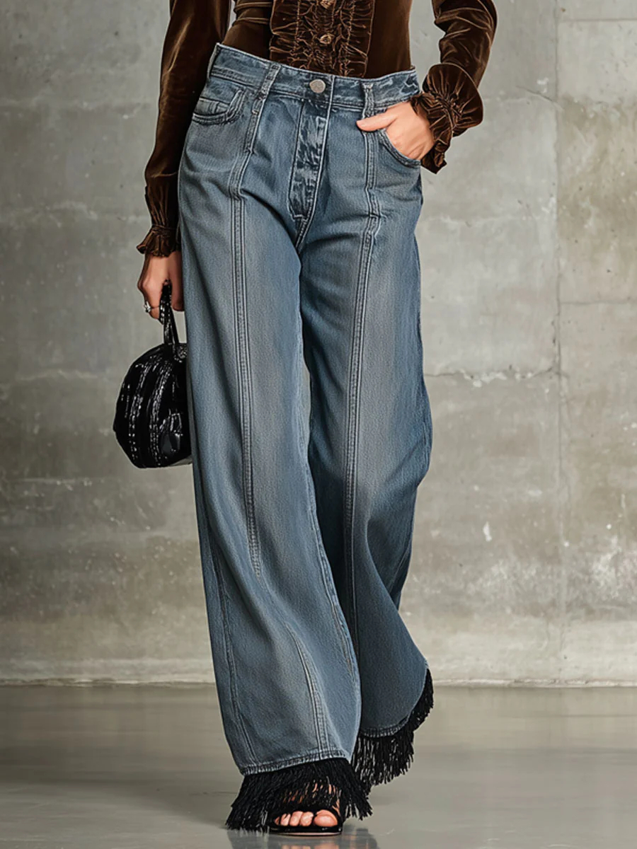 Western Vintage Tassel Wide-Leg Gray-Blue Jeans