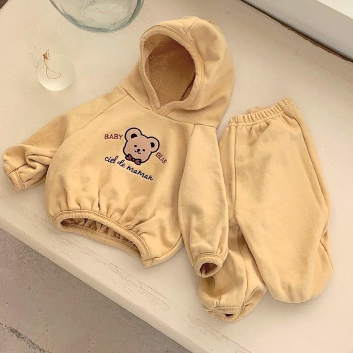 2pcs Baby Toddler Bear Print Long Sleeve Hooded Sweatshirt and Pants Set