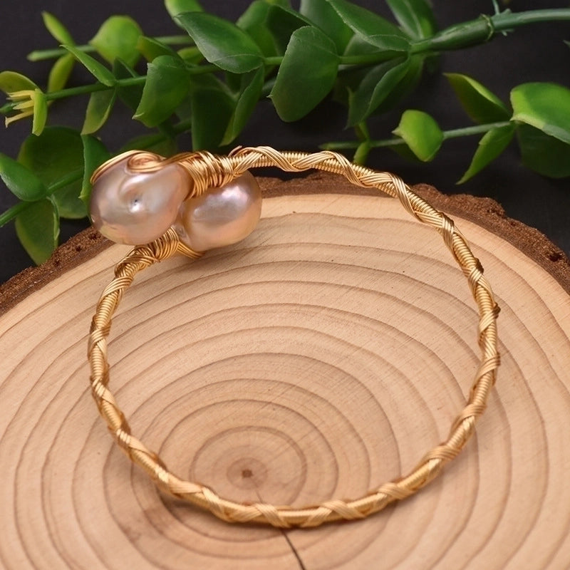 Retro Flower Copper Plating Inlay 18K Gold Plated Pearl Bangle