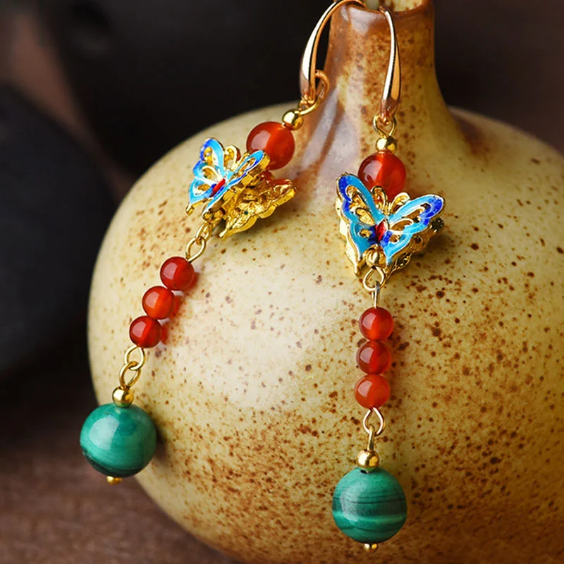 Malachite Bead Butterfly Protection Drop Earrings