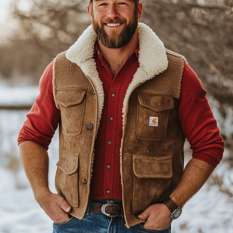 Men's Outdoor Vintage Lamb Wool Multi Pocket Suede Vest Jacket