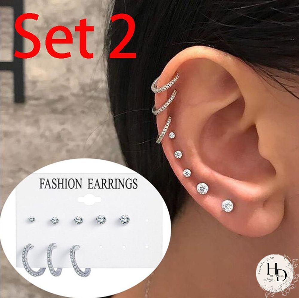Pairs Flower Womens Earrings Set Pearl Crystal Stud Boho Geometric Tassel For Women