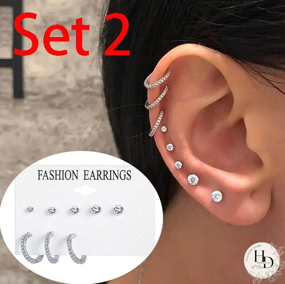 Pairs Flower Womens Earrings Set Pearl Crystal Stud Boho Geometric Tassel For Women
