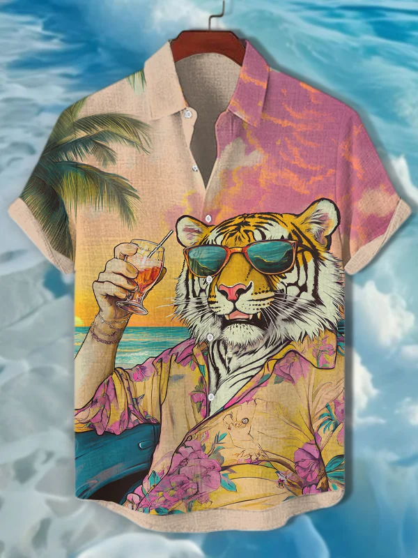 Men's Tiger Cocktail Vacation Print Short Sleeve Shirt