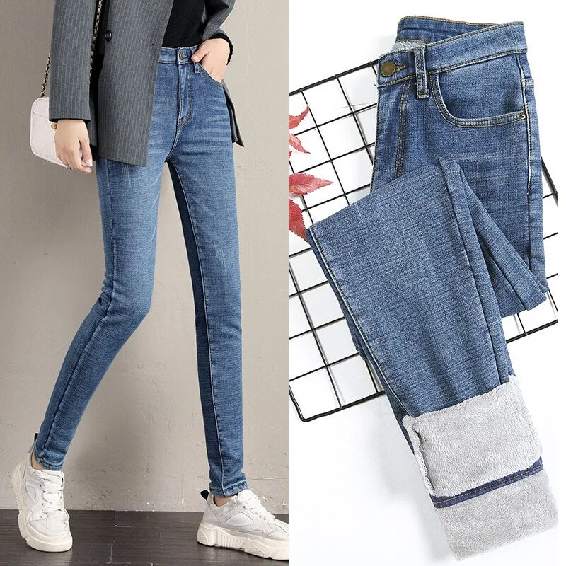Winter Warm Jeans Women 2019 New High Waist Stretchy Female Thick Fleece Denim Trousers Slim Elastic Jeans Velvet Pencil Pants