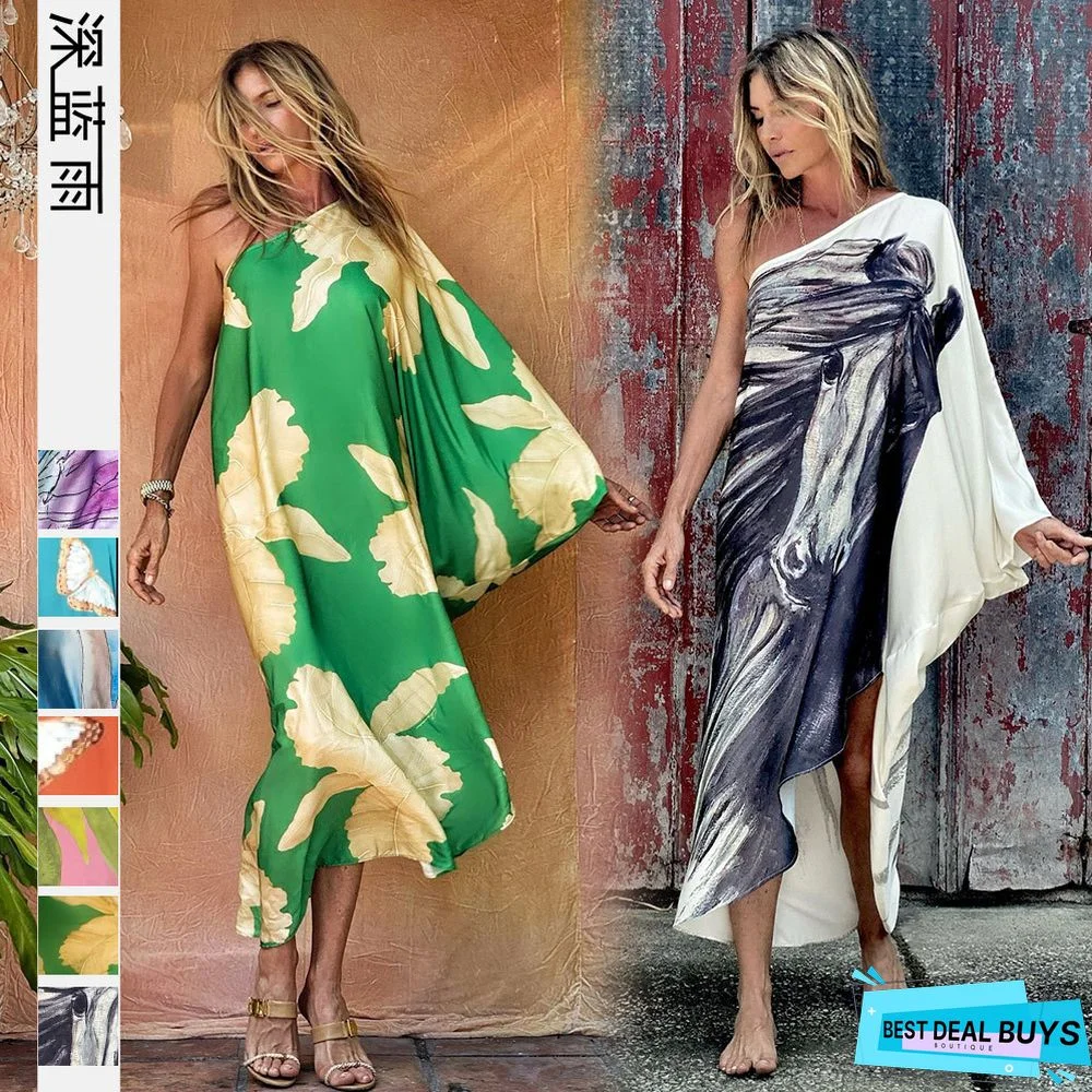 Loose Print Shoulder Beach Holiday Sunscreen Dress Europe and America Commuting Irregular Dress