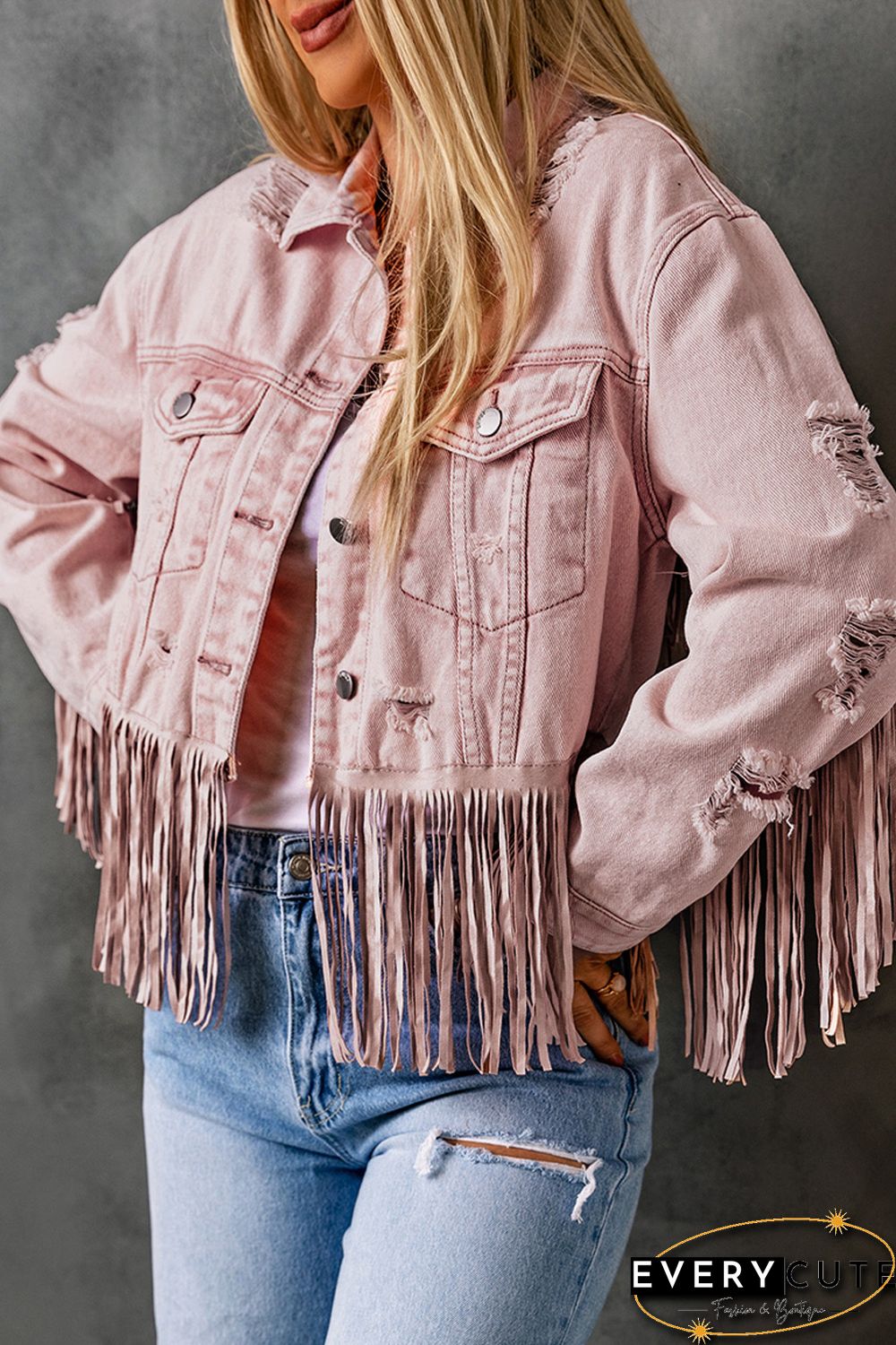 Pink Distressed Fringed Cropped Denim Jacket
