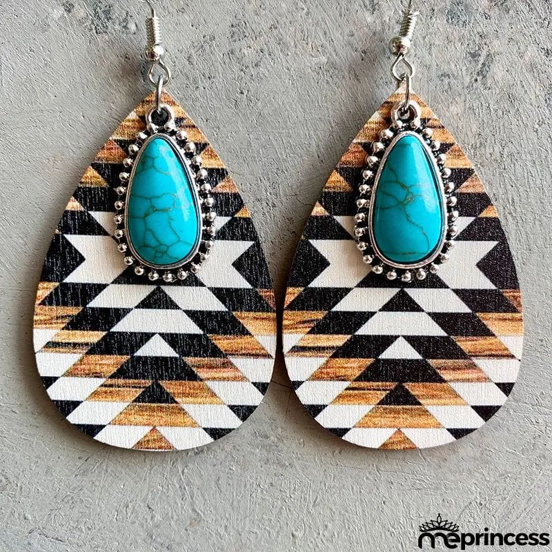 Turquoise Teardrop Shape Wooden Dangle Earrings