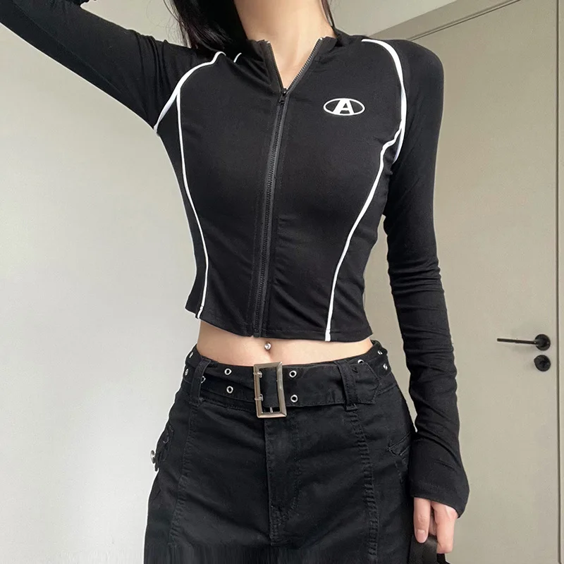 Churchf Churchf Letter Embroidered Long Sleeve T Shirt Women's Fall 2023 Bud Strip Zipper New Top INS Women's Wear