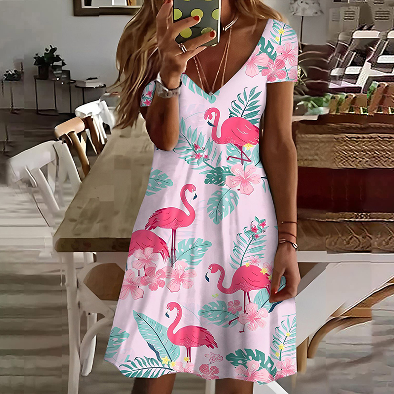 Flamingo Print V-Neck Short Sleeved Midi Dress wearshes