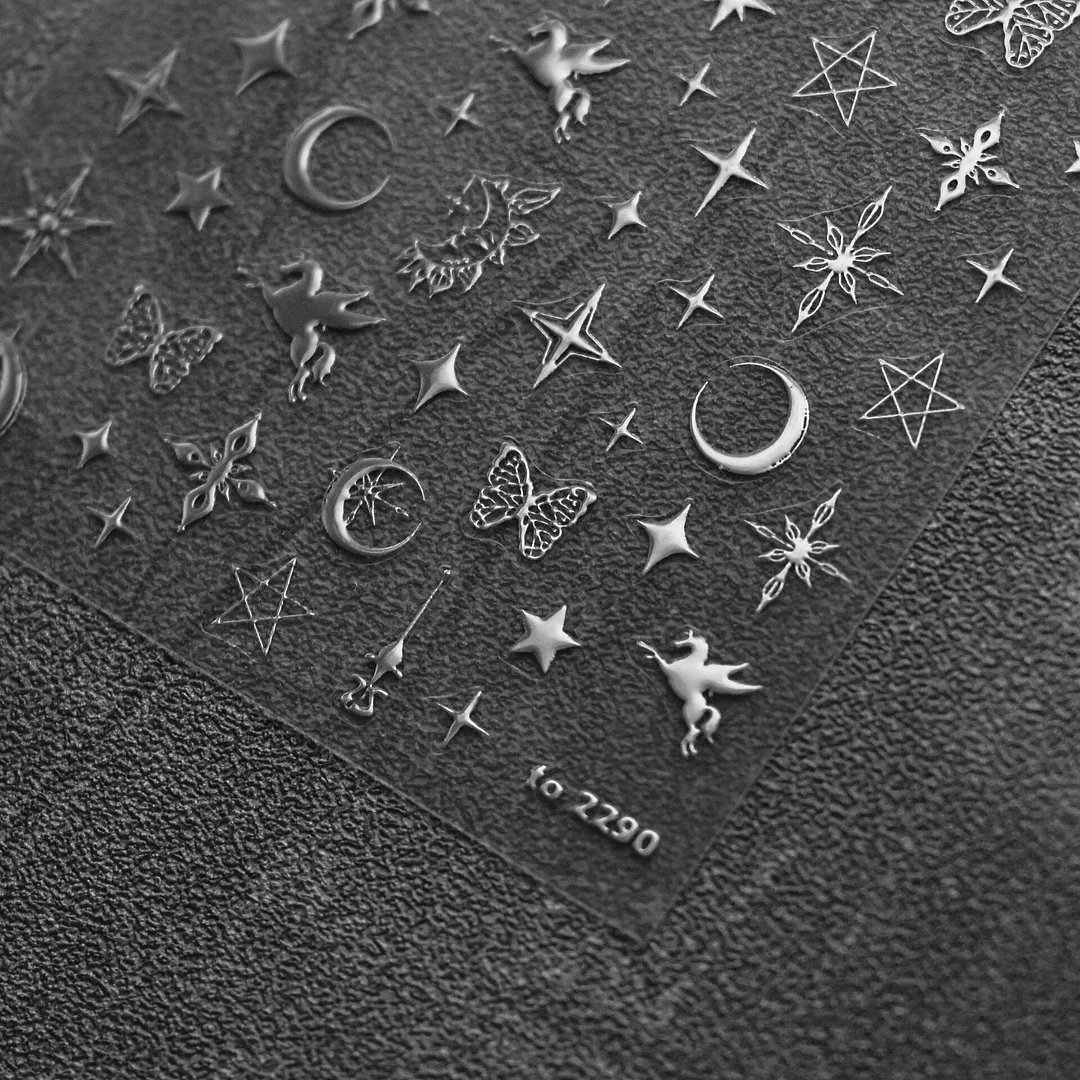 Applyw Laser Silver Unicorn Star Moon 5D Soft Embossed Reliefs Self Adhesive Nail Art Stickers Manicure Decals Wholesale
