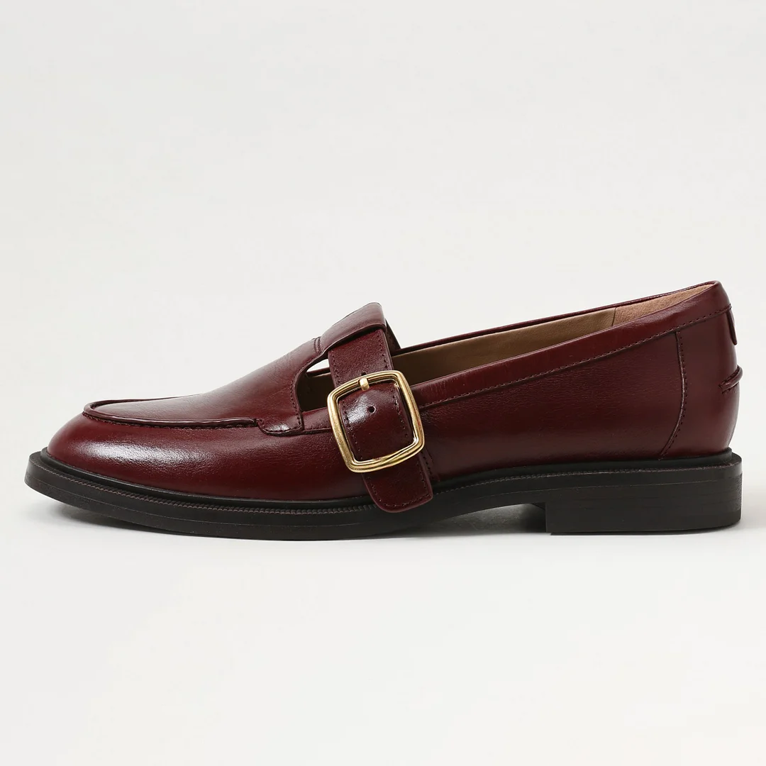 Maroon Slip-On T-Strap Round Toe Flat Mary Jane Shoes with Buckle