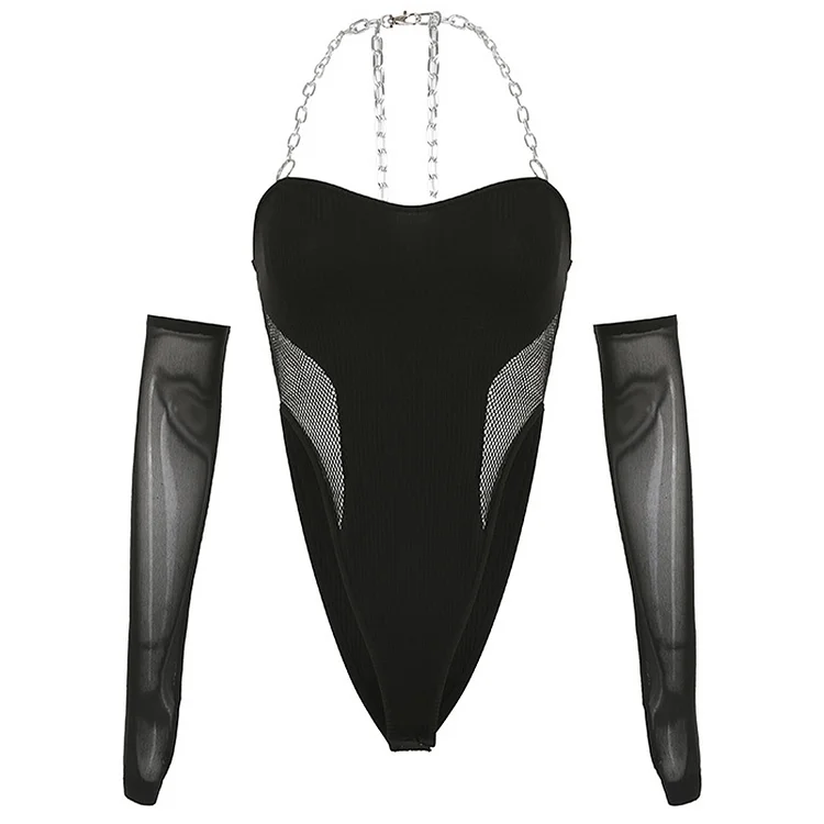 Chic Backless Chain Mesh Bodysuit - Modakawa modakawa