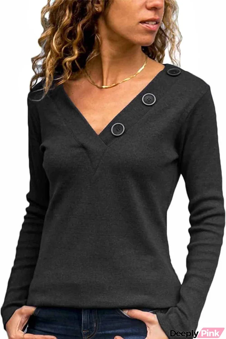 Wine V-neck Button Solid Color Long Sleeve Top