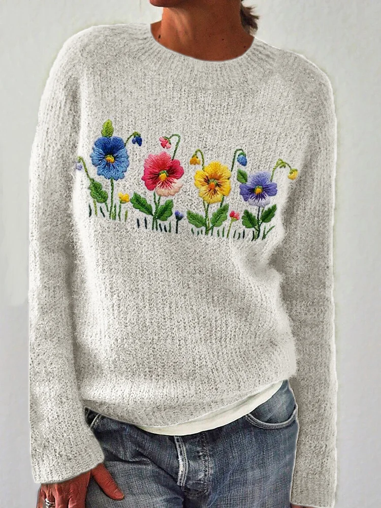 VChics Colorful Flowers Embroidery Art Cozy Knit Sweater