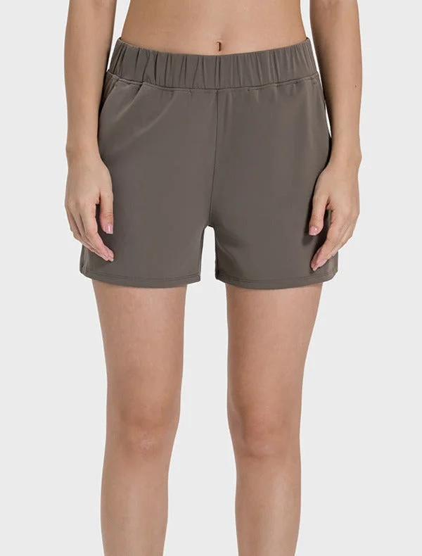 High Waisted Elastic Waistband Sporty Shorts with Pockets