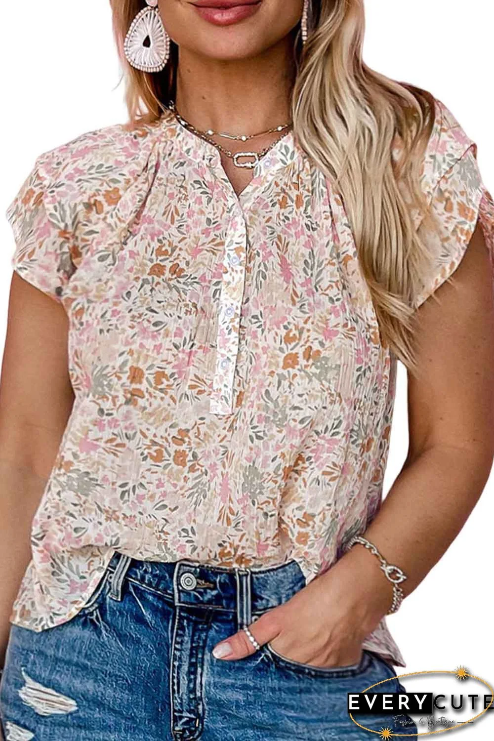 Multicolor Plus Size Floral Mandarin Collar Blouse