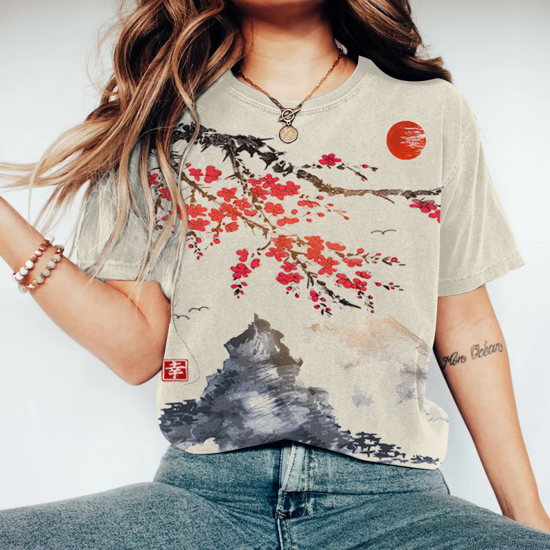 Comstylish Japanese Retro Sunrise Ink Wash Painting Art Linen Casual Cotton T-Shirt
