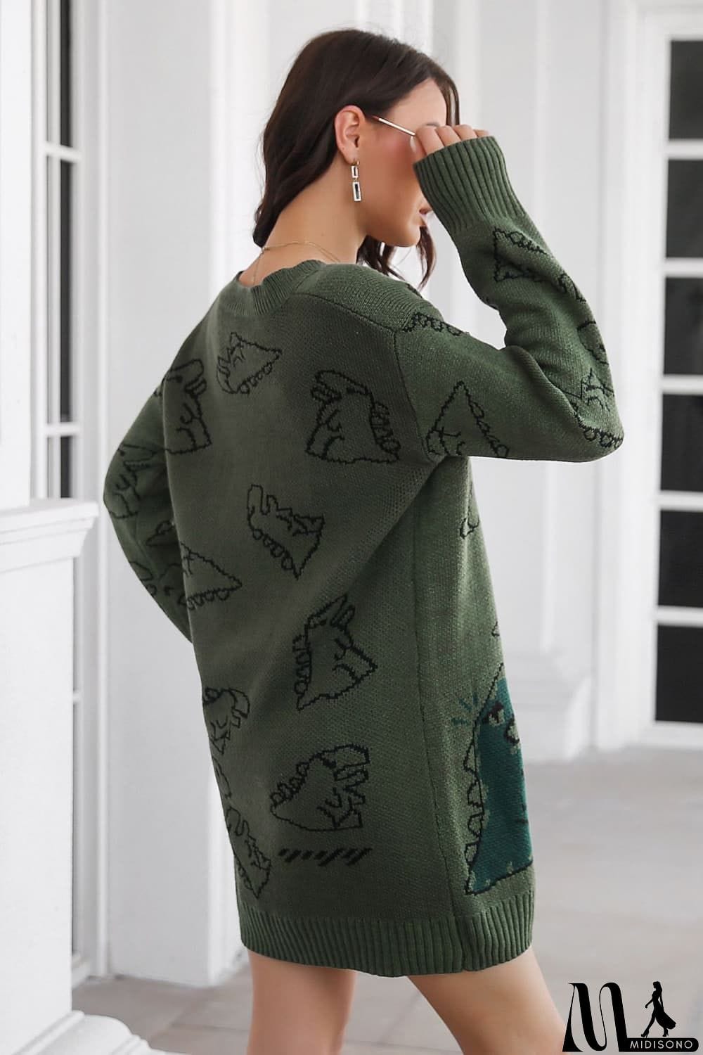 MidiSono - Dinosaur Pattern V-Neck Sweater Dress