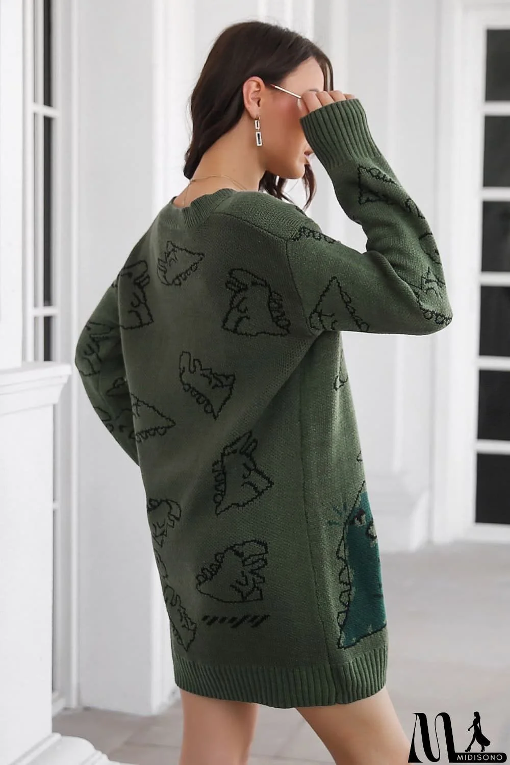 MidiSono - Dinosaur Pattern V-Neck Sweater Dress