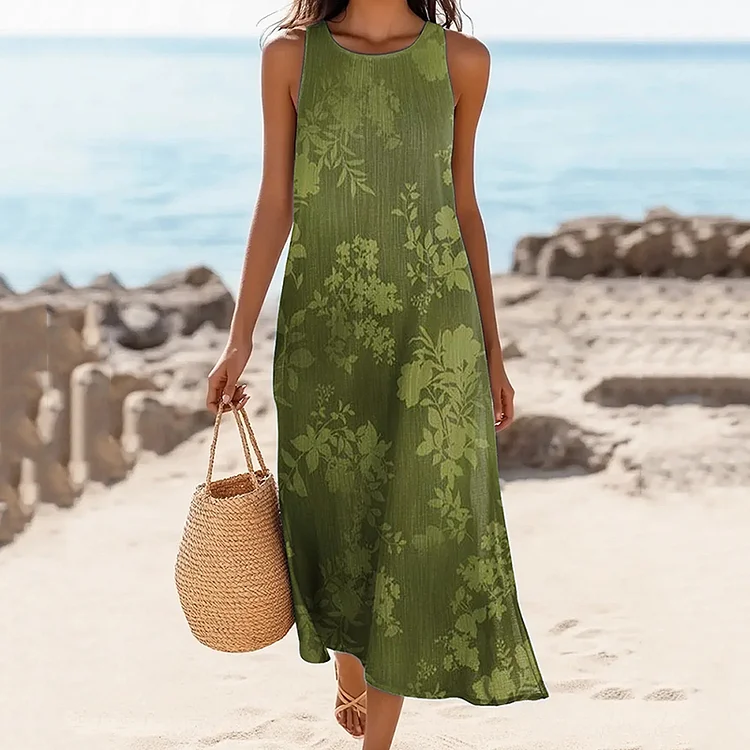 Simpfit Damen-Midikleid aus Nachahmung aus Baumwolle und Leinen mit Blumenmuster und Rundhalsausschnitt