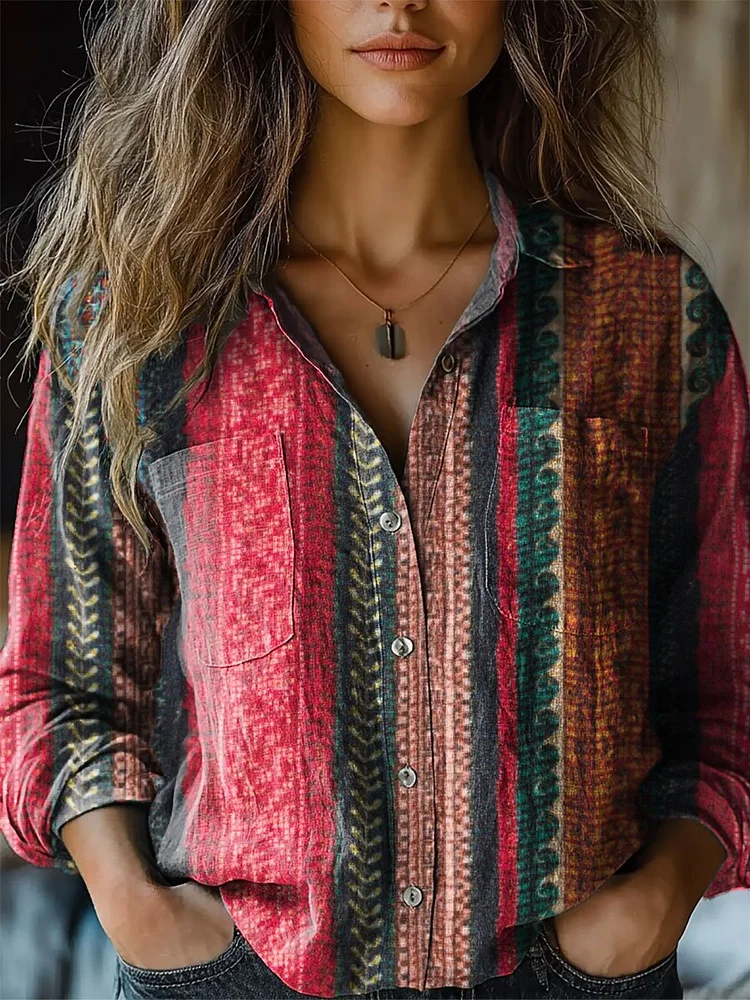 Women's Vintage Print Casual Long Sleeve Comfortable Cotton Shirt