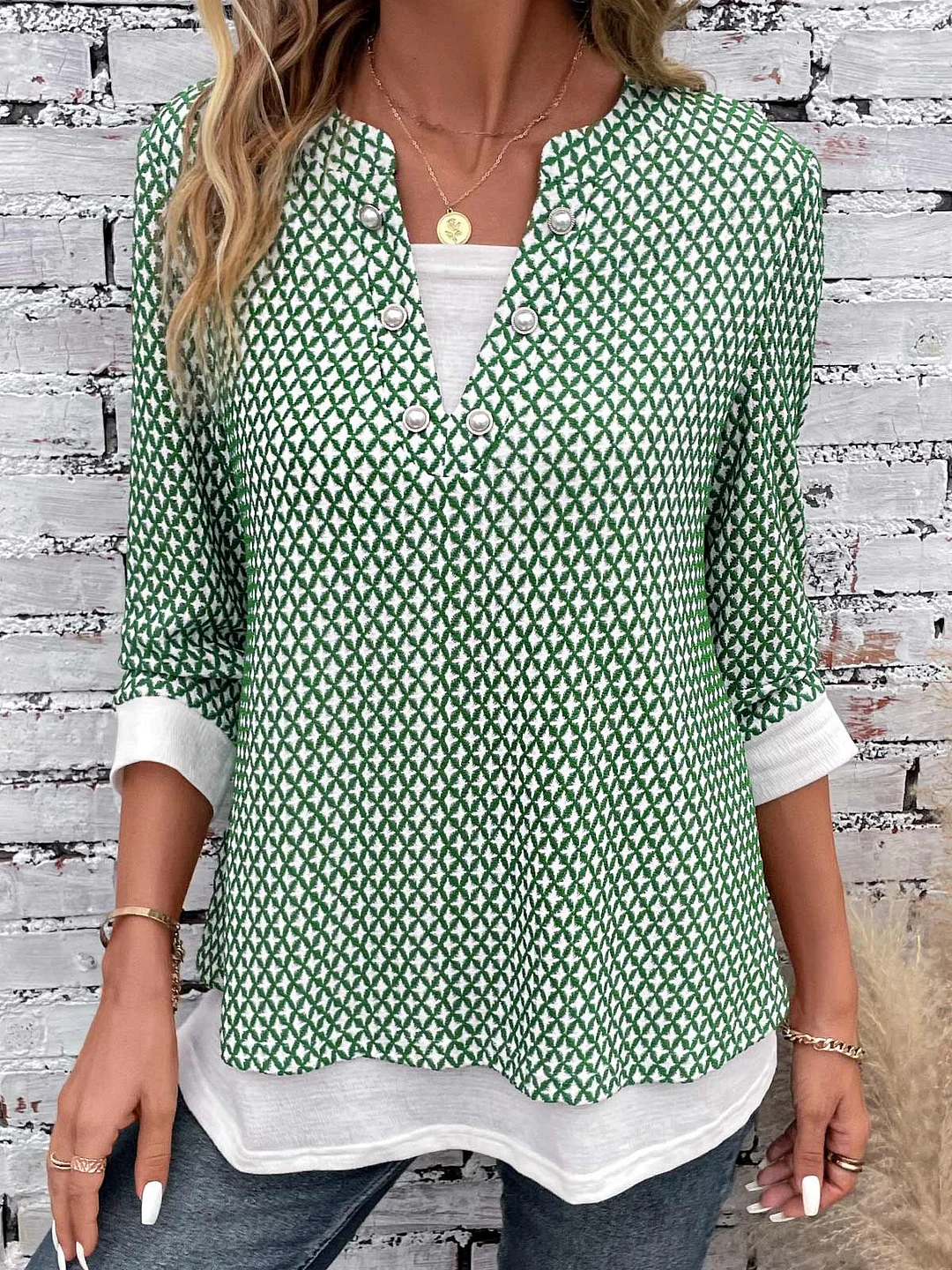 Women Long Sleeve V-neck Plaid Graphic Button Tops