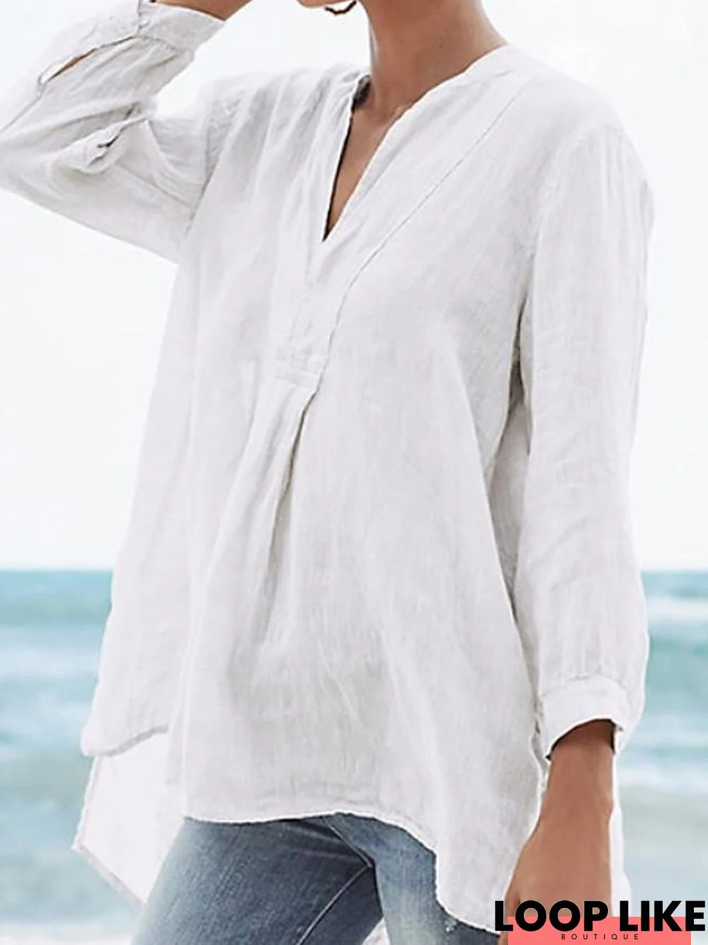 Women's Blouse Shirt Solid Colored Long Sleeve Asymmetric V Neck Tops Loose Cotton Basic Top White Black Yellow-0207808 Linen