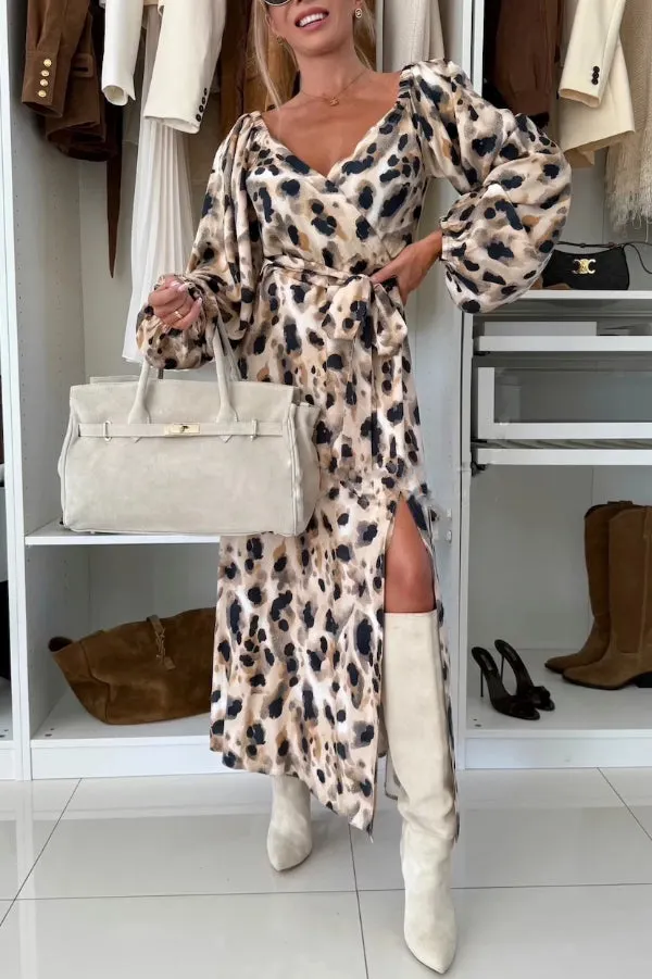 Unique Printed V-neck Long-sleeved Wst Tie Slit Maxi Dress